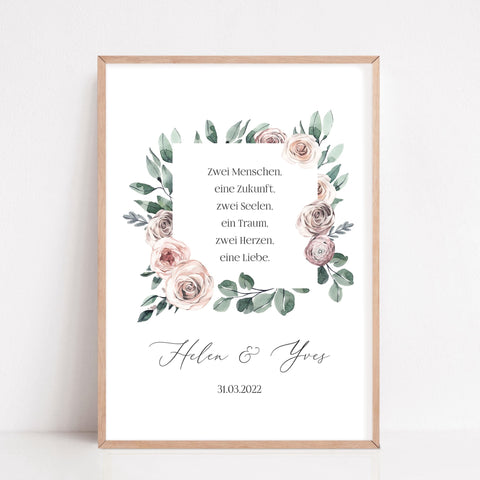 Geschenk zur Hochzeit personalisiert mit Namen Brautpaar Poster Eukalyptus Rosen