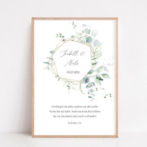 Geschenk zur Hochzeit personalisiert mit Namen Brautpaar Poster Eukalyptus Bibelvers Kolosser