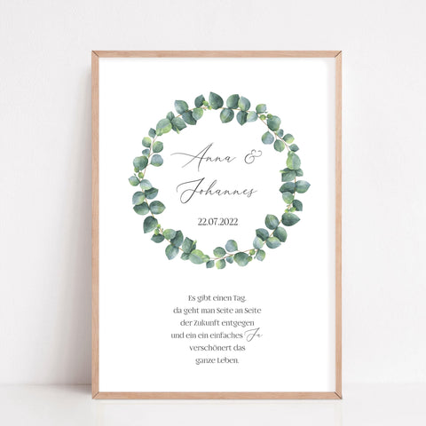 Geschenk zur Hochzeit personalisiert mit Namen Brautpaar Poster Eukalyptus Kranz