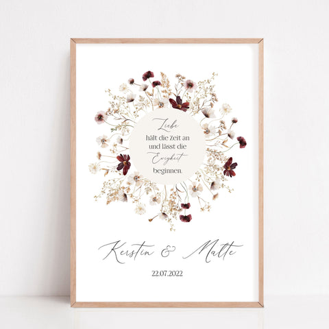 Geschenk zur Hochzeit personalisiert mit Namen Brautpaar Poster Boho Liebe Blumen