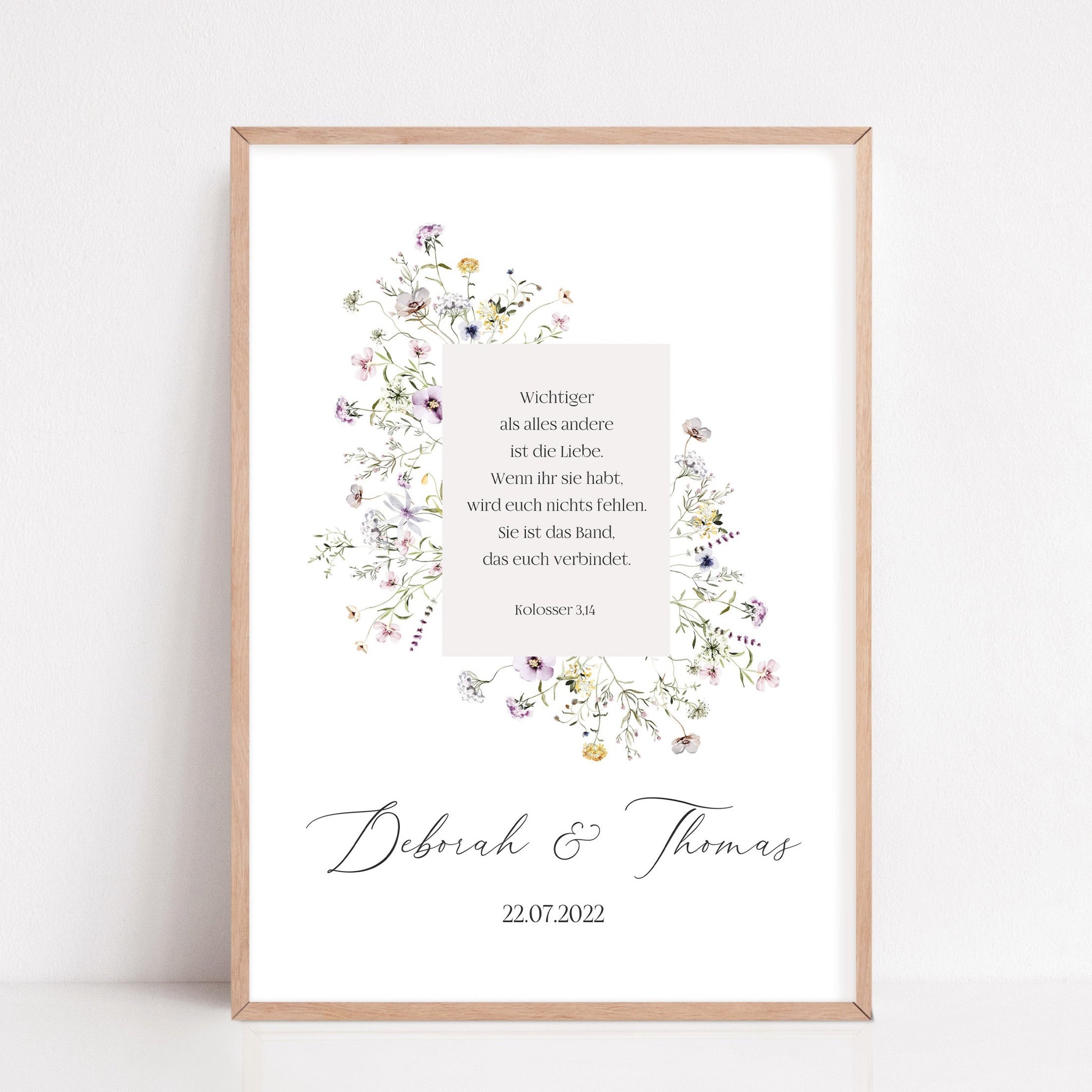 Geschenk zur Hochzeit personalisiert mit Namen Brautpaar Poster Boho Vitage Blumen Bibelvers Kolosser Trauspruch