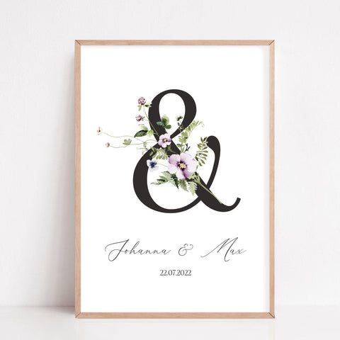 Geschenk zur Hochzeit personalisiert mit Namen Brautpaar Poster 6 Zeichen mit Blumen