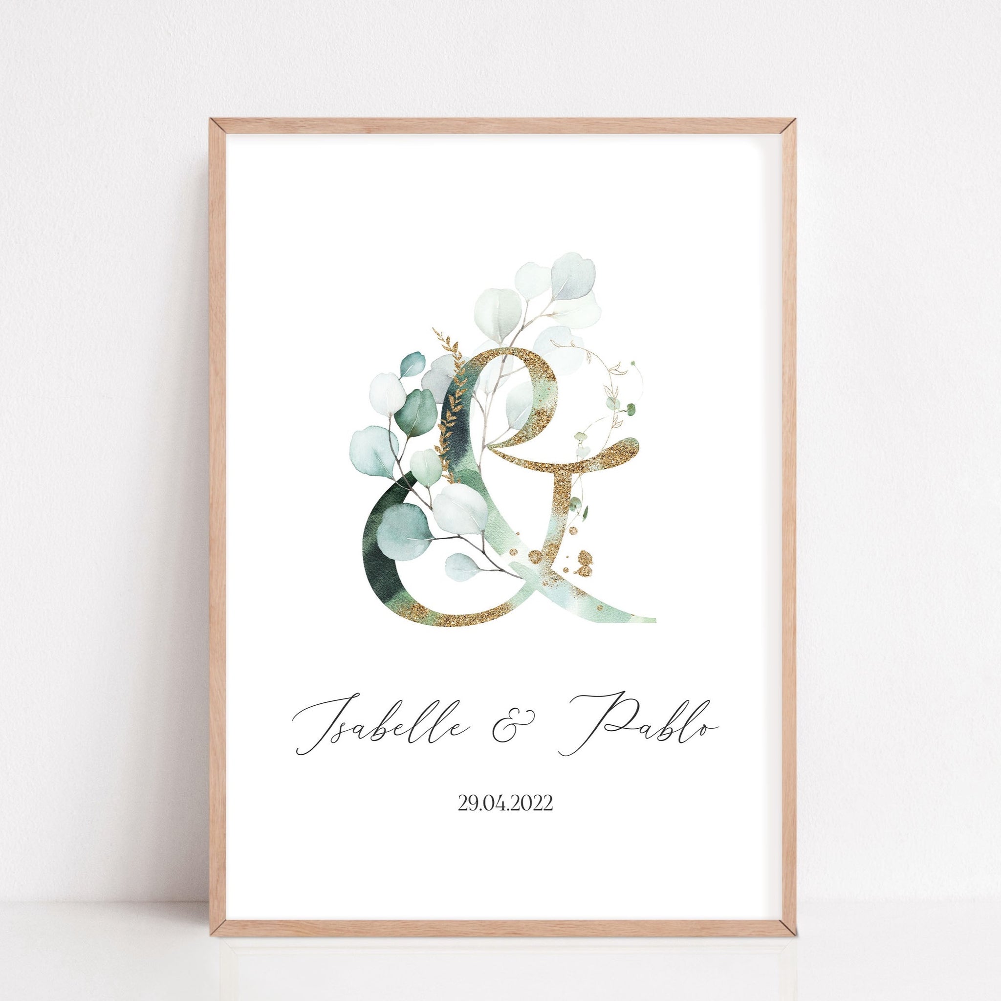 Geschenk zur Hochzeit personalisiert mit Namen Brautpaar Poster Eukalyptus & Zeichen