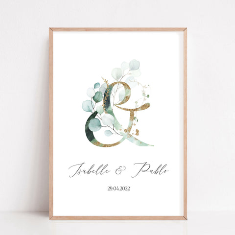 Geschenk zur Hochzeit personalisiert mit Namen Brautpaar Poster Eukalyptus & Zeichen