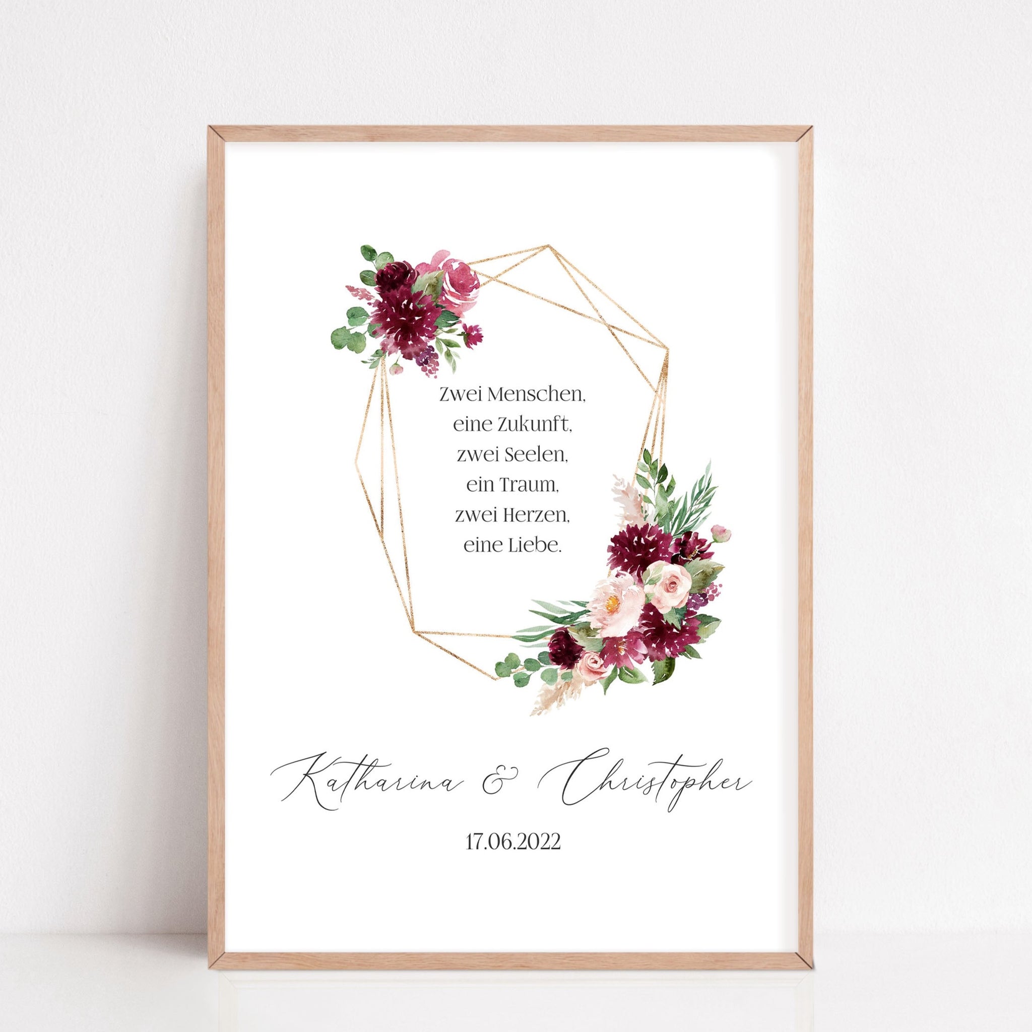 Geschenk zur Hochzeit personalisiert mit Namen Brautpaar Poster Boho Blumen