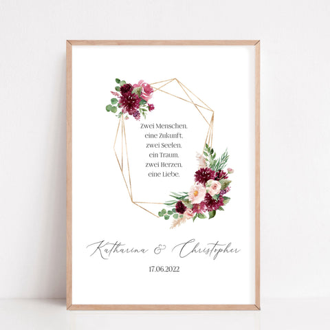 Geschenk zur Hochzeit personalisiert mit Namen Brautpaar Poster Boho Blumen