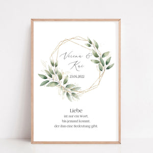 Geschenk zur Hochzeit personalisiert mit Namen Brautpaar Poster Eukalyptus Gold