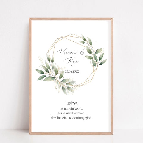 Geschenk zur Hochzeit personalisiert mit Namen Brautpaar Poster Eukalyptus Gold