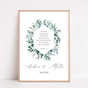 Geschenk zur Hochzeit personalisiert mit Namen Brautpaar Poster Greenery Bibelvers Kolosser