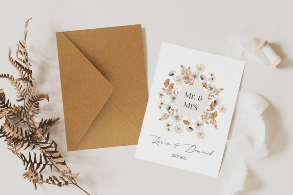 Glückwunschkarte zur Hochzeit Mr und Mrs Boho personalisiert mit Kraftpapier Umschlag Geschenk für das Brautpaar