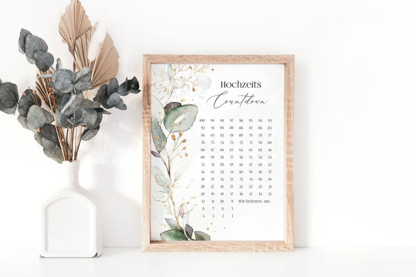 hochzeitscountdown eukalyptus gold kalender hochzeit 100 tage hochzeitsplanung geschenk brautpaar verlobung poster