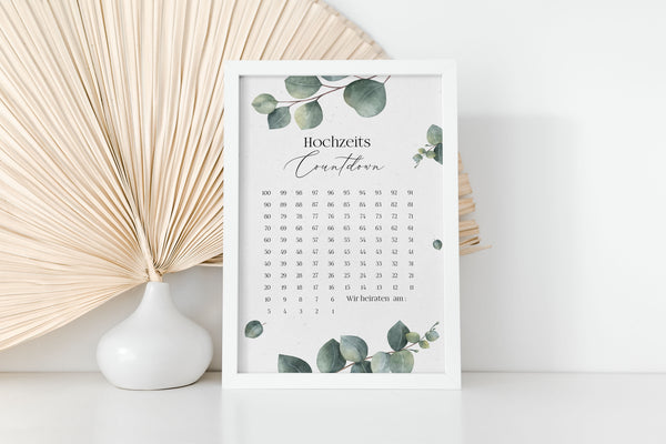 hochzeitscountdown eukalyptus kalender hochzeit 100 tage hochzeitsplanung geschenk brautpaar