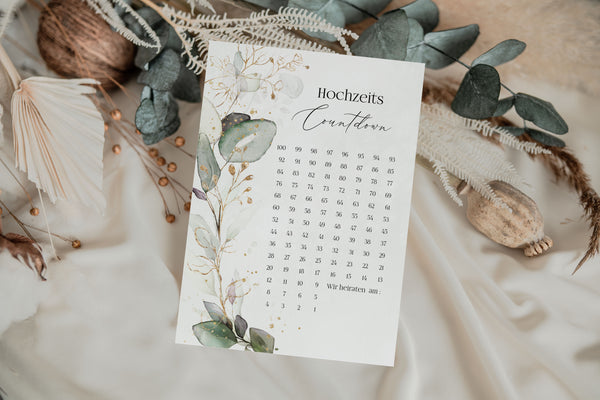 hochzeitscountdown eukalyptus gold kalender hochzeit 100 tage hochzeitsplanung geschenk brautpaar 