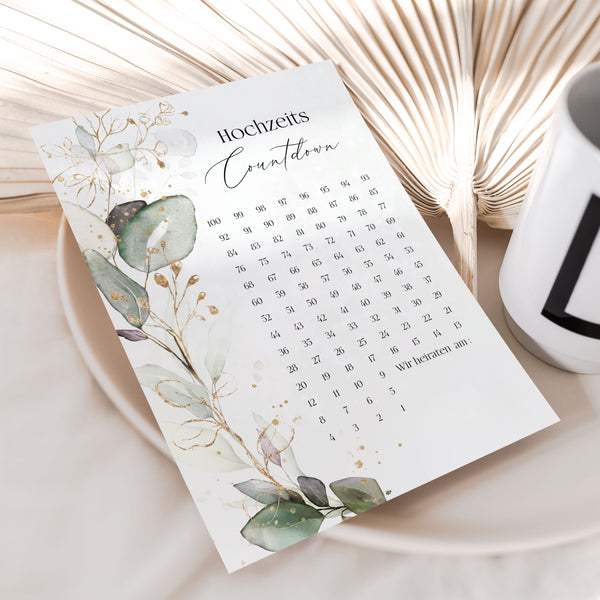 hochzeitscountdown eukalyptus gold kalender hochzeit 100 tage hochzeitsplanung geschenk brautpaar verlobung