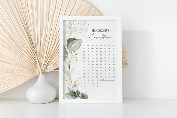 hochzeitscountdown eukalyptus gold kalender hochzeit 100 tage hochzeitsplanung geschenk brautpaar