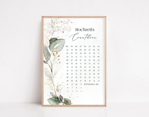 hochzeitscountdown eukalyptus gold kalender hochzeit 100 tage hochzeitsplanung geschenk verlobung