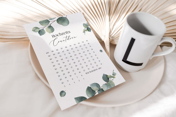 hochzeitscountdown eukalyptus kalender hochzeit hochzeitsplanung geschenk brautpaar verlobung