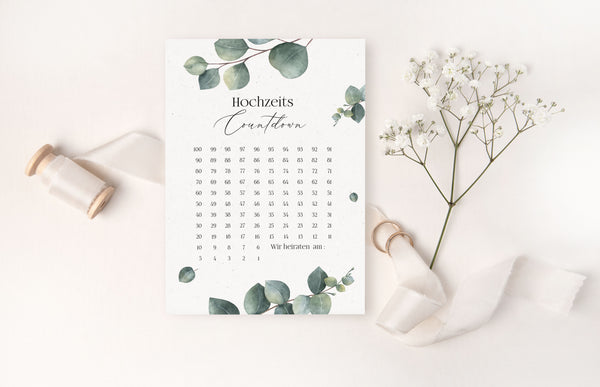 hochzeitscountdown kalender hochzeit eukalyptus 100 tage hochzeitsplanung geschenk brautpaar verlobung