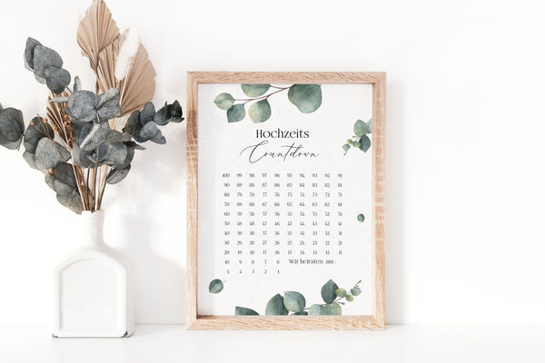 hochzeitscountdown eukalyptus kalender hochzeit 100 tage hochzeitsplanung geschenk brautpaar verlobung