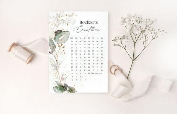 hochzeitscountdown eukalyptus gold kalender hochzeit 100 tage hochzeitsplanung geschenk brautpaar verlobungsgeschenk